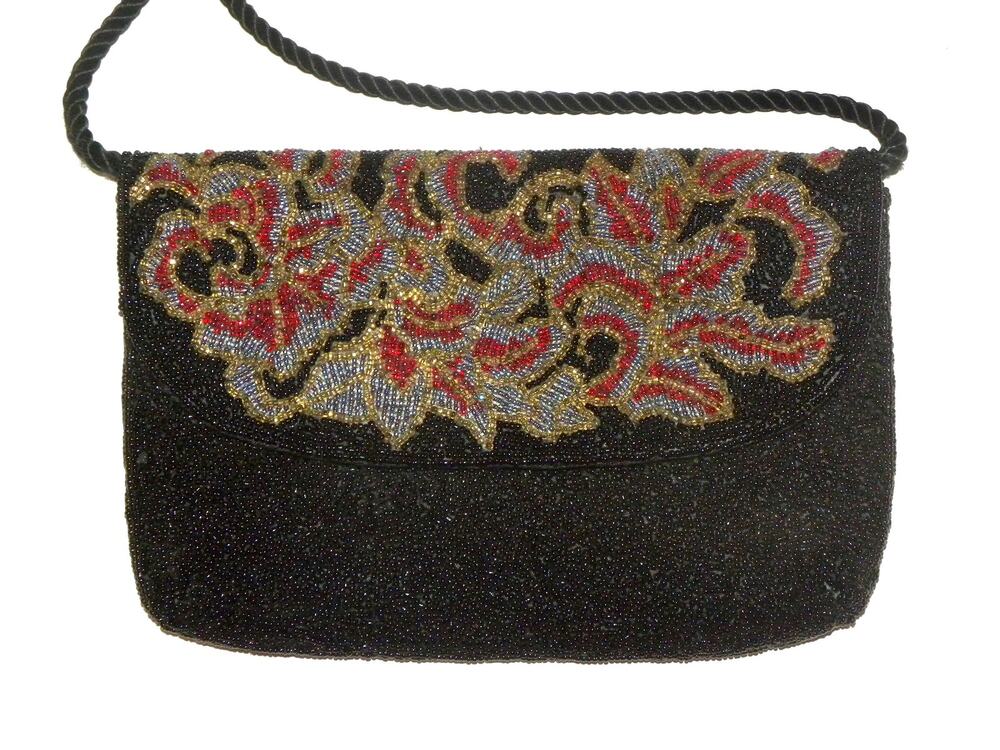 Vintage 80s Black Beaded Shoulder Bag Colorful Flap Evening Purse